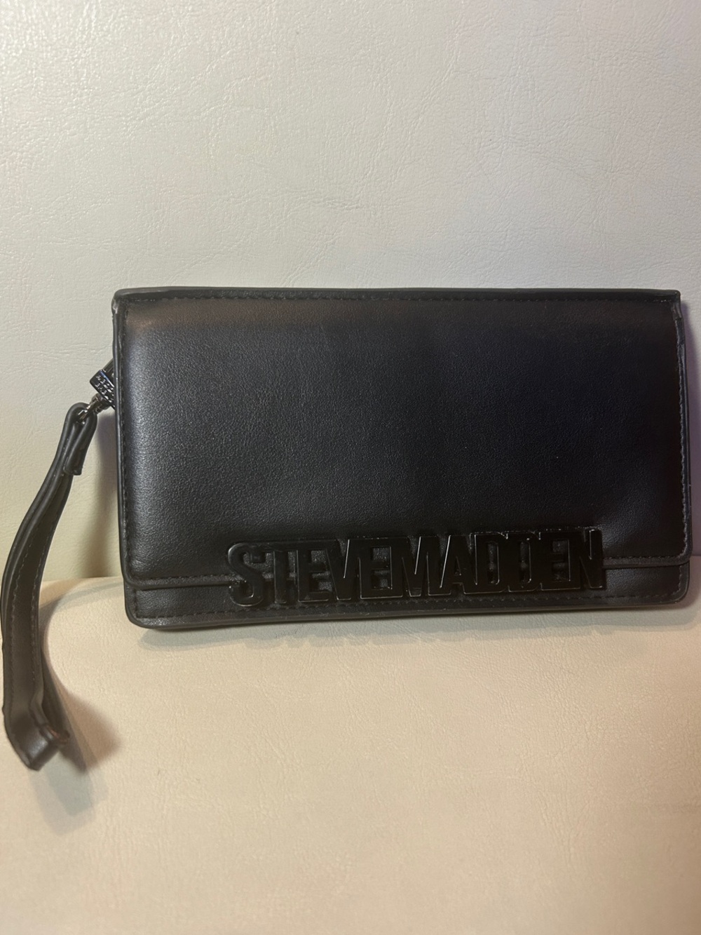 Steve Madden Black Leather Wristlet Clutch with Logo Detail